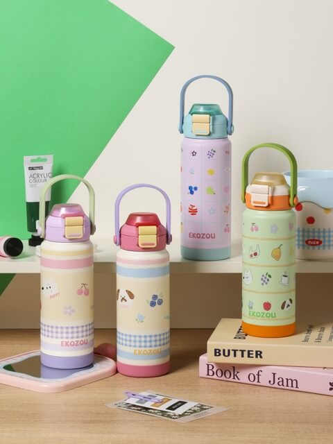 ขวดน้ำเก็บความเย็น เคลือบเซรามิก EKOZOU KATI AND CHATHAI ขนาด 750ML. (PURPLE-CREAM)